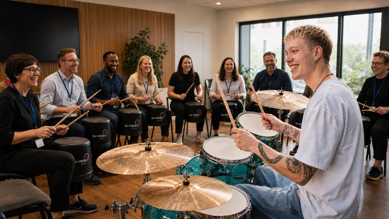 Team met djembés tijdens een drumworkshop teambuilding