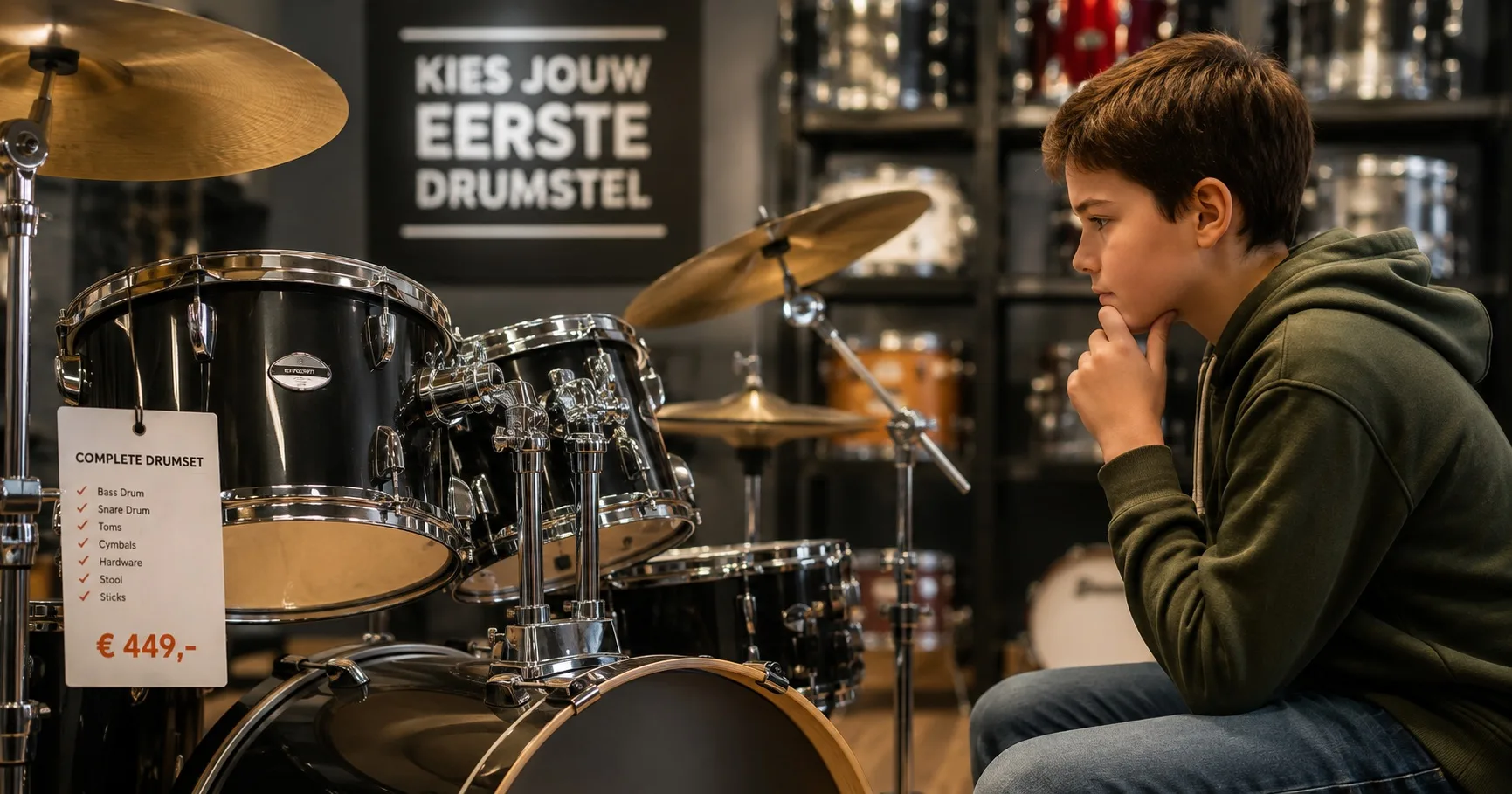 Akoestisch en elektronisch drumstel naast elkaar in een studio