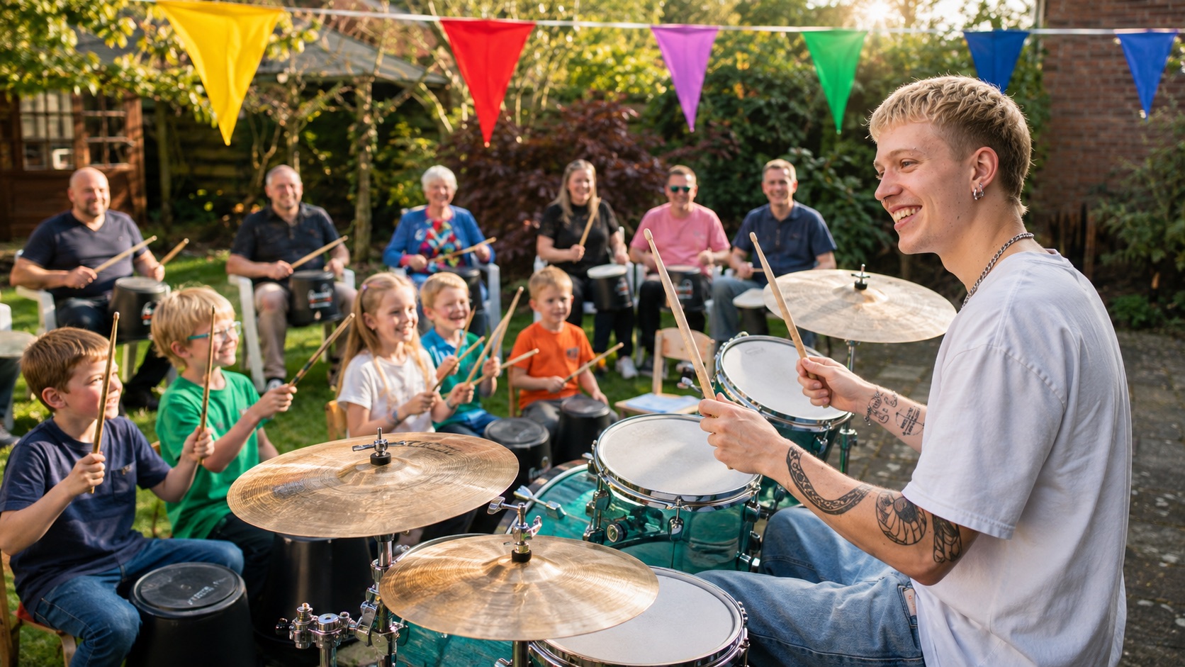 Groep trommelende kinderen op een drum-kinderfeestje