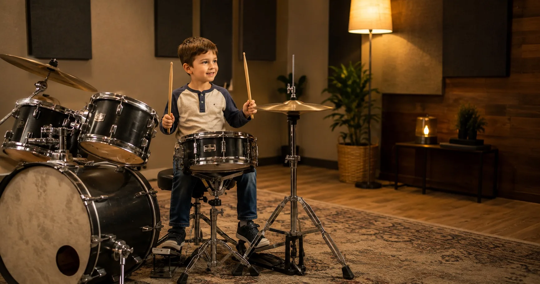 Jong kind achter een drumstel tijdens drumles